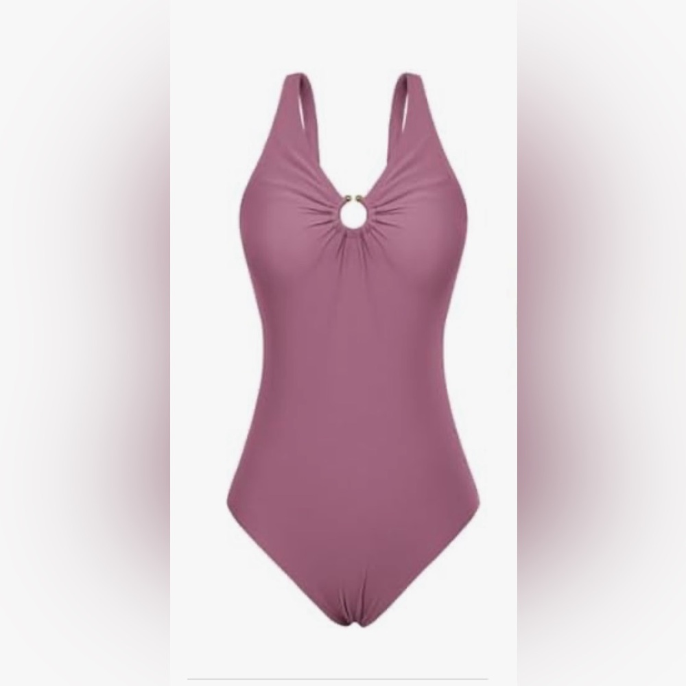 Grace Karin Lilac Mauve One-Piece V-Neck Ruched Ring Swimsuit Women's S, NWT